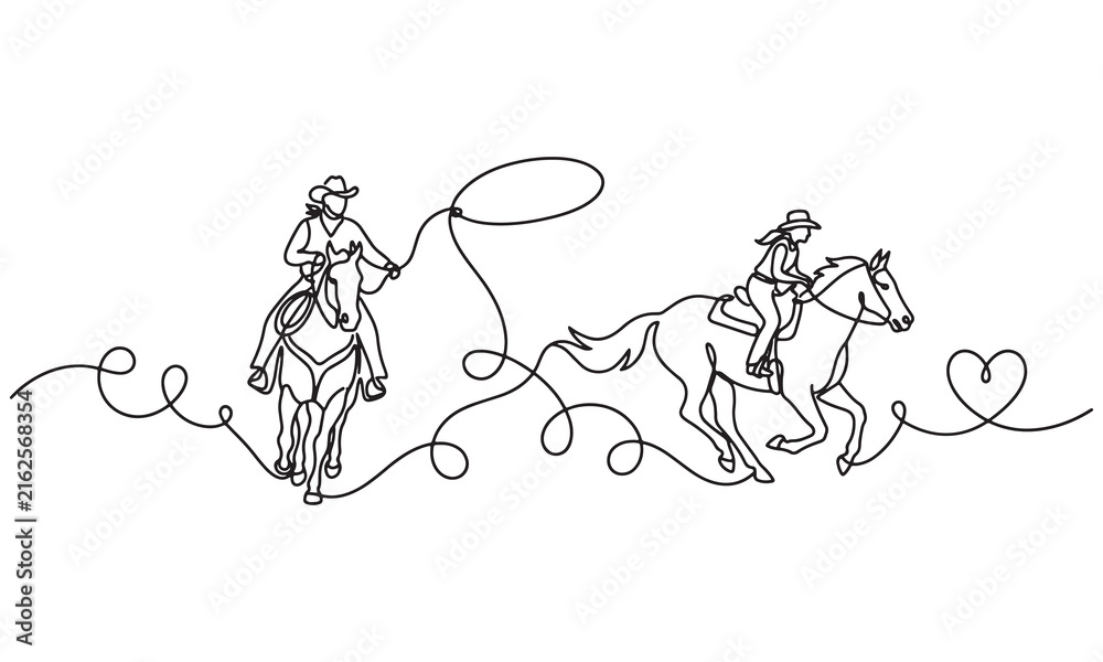 Obraz premium Continuous line of two cowgirls riding horses, one swinging a lasso, with a heart shape at the end, isolated on a white background, western theme, minimalist