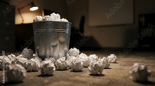 Overflowing metal trash can surrounded by crumpled paper balls on an office floor in dramatic lighting.