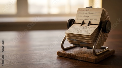 Vintage rotary card file organizer with handwritten notes sitting on a classic wooden office desk.