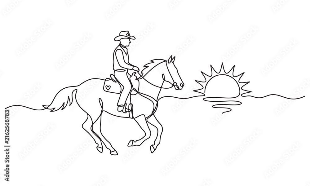 Obraz premium Continuous single line of a cowboy riding a horse towards a rising sun, western theme, minimalist black ink isolated on a white background, ranch life