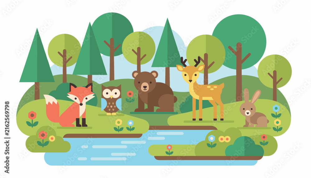 Naklejka premium Group of cute forest animals including a fox, owl, bear, deer, and rabbit sitting together near a blue river stream.