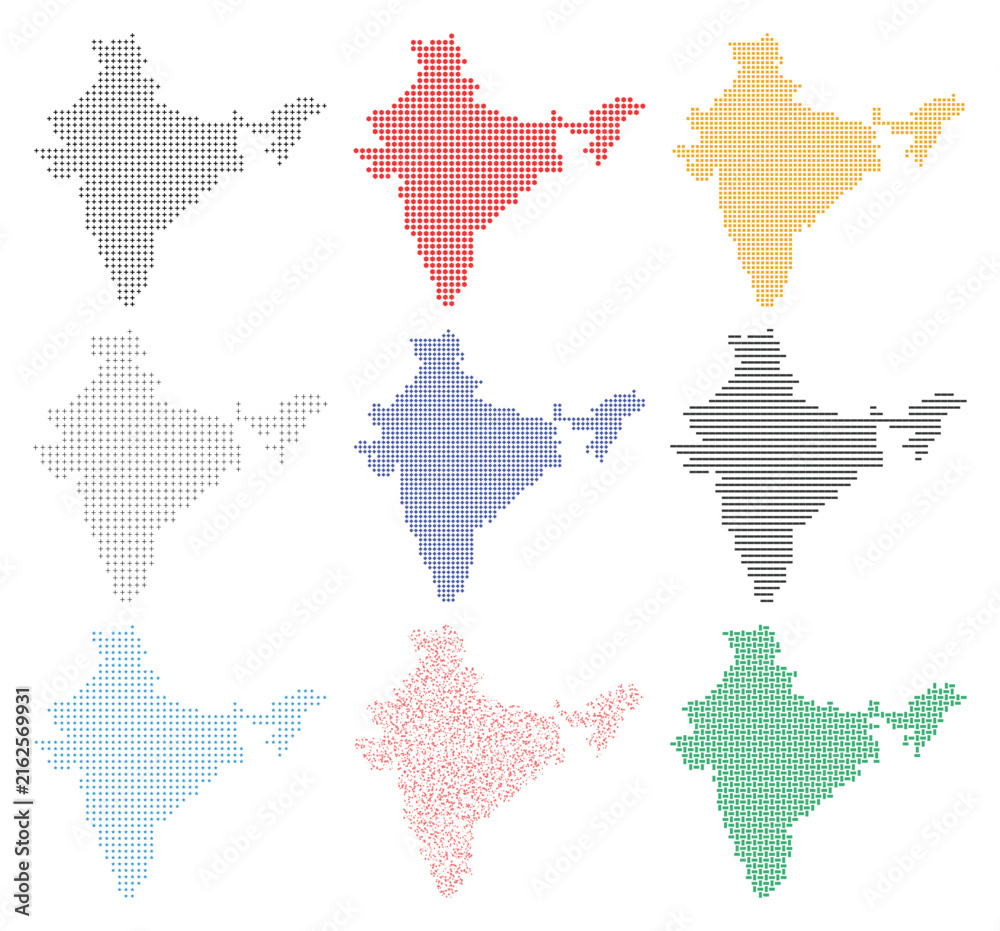 Fototapeta premium India map vector set, colorful pixel and dot grid silhouettes, 9 geographic icons for infographics and travel design