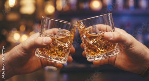 Zwei Hände stoßen mit bernsteinfarbenem Whiskey in geschliffenen Gläsern und Eiswürfeln an