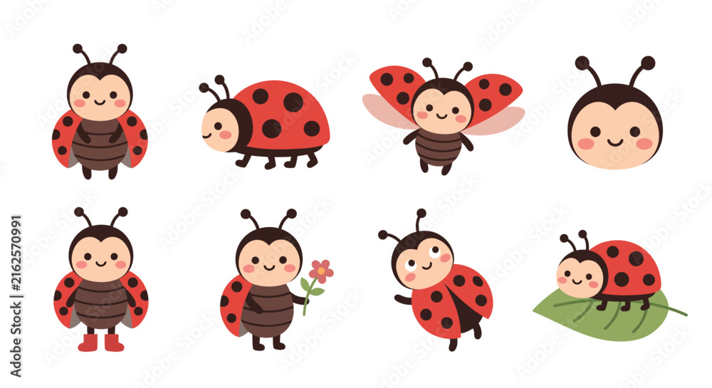 Fototapeta premium Set of cute cartoon ladybug characters in different poses for children design projects Vector