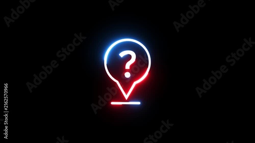 Neon location map pin icon with question mark pulse animation on dark black background loop