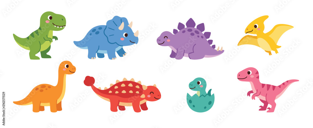 Obraz premium Set of colorful cute dinosaurs cartoon characters for children kids educational design Vector