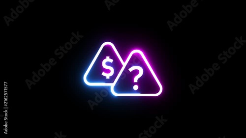 Neon dollar sign and question mark in triangles, motion graphics on black background