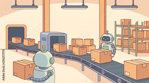 Automated warehouse logistics system with robots moving cardboard boxes on a conveyor belt