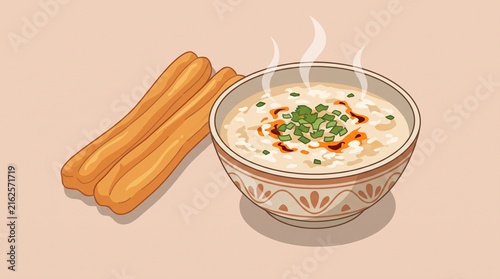A warm bowl of congee rice porridge served with crispy fried dough sticks for a traditional breakfast meal