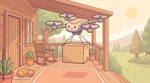 Autonomous delivery drone hovering on a wooden porch delivering a cardboard package to a cozy cabin