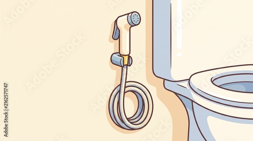 Bidet sprayer with coiled hose mounted on a bathroom wall next to a white ceramic toilet bowl
