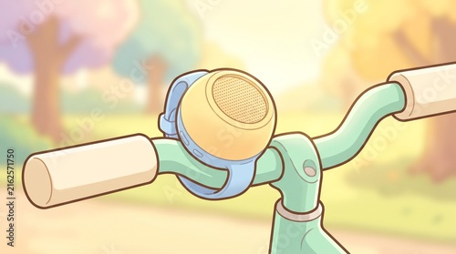 Close up of a bicycle handlebar with a decorative bell in a sunny park setting featuring soft pastel colors