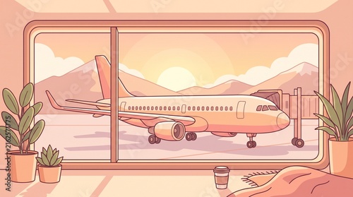 Commercial airplane parked at airport terminal gate during golden hour with scenic mountain view