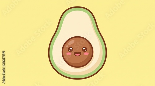 Cute cartoon avocado character with a smiling face on a soft yellow background