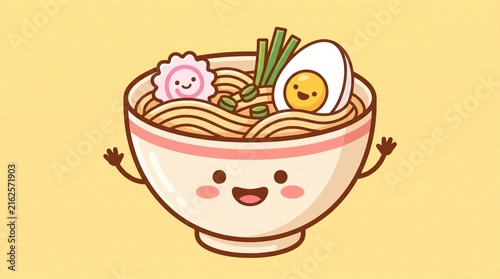 Cute ramen bowl character with noodles egg and narutomaki fish cake in a playful flat design style