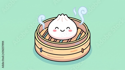 Cute steamed dumpling bun with a smiling face in a traditional bamboo steamer basket