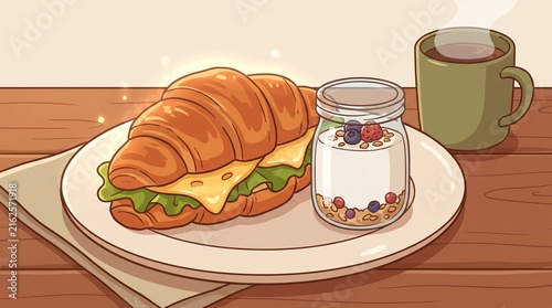 Delicious breakfast featuring a fresh croissant sandwich with cheese and greens beside a yogurt parfait and hot coffee cup