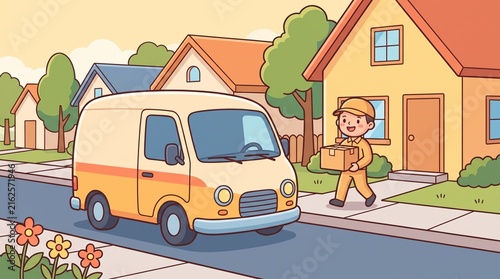 Delivery courier carries a cardboard package to a suburban house doorstep near a yellow delivery van parked on a residential street