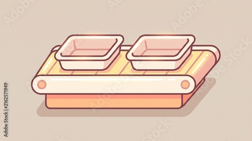 Industrial conveyor belt system with empty plastic food trays for automated packaging production line