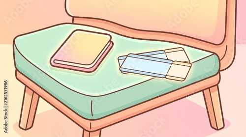 Minimalist chair with a closed journal and tickets resting on a pastel colored seat