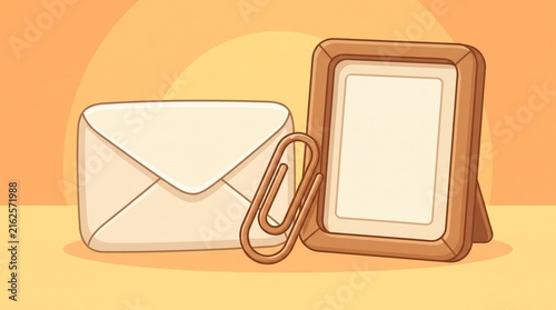Minimalist envelope with a metal paperclip and empty wooden picture frame on a warm background