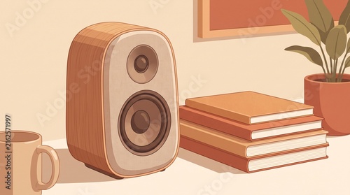 Minimalist wooden home audio speaker with a stack of books and a potted plant on a desk
