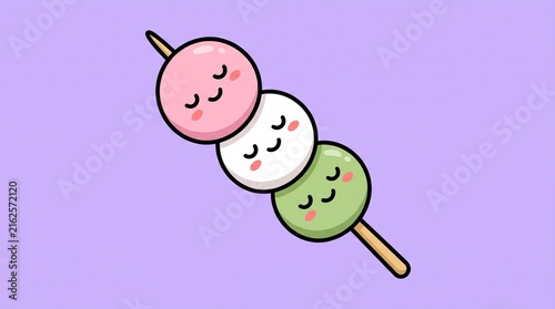 Three colorful mochi rice cakes on a skewer with cute sleeping faces against a light purple background