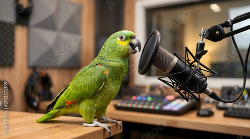Parrot, Media. parrot talking on podcast microphone