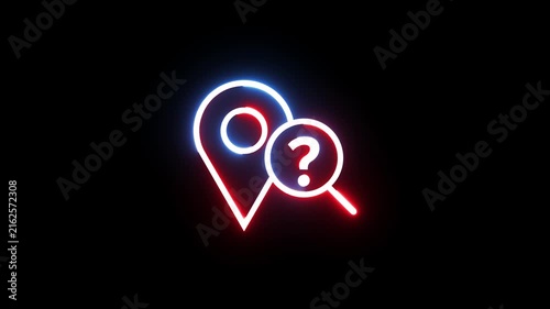 Neon location pin icon with question mark animation glowing on dark background video loop