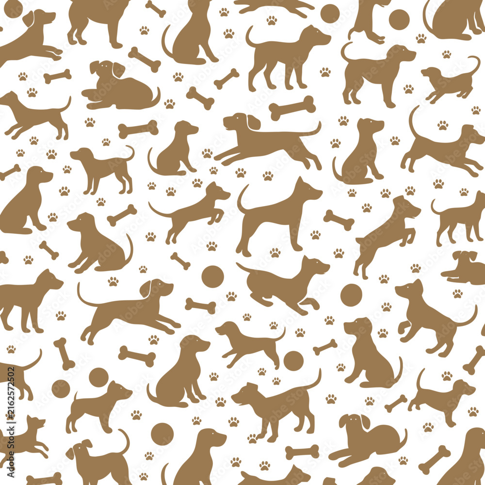 Obraz premium Dog silhouette seamless pattern, brown puppy silhouettes with paw prints and bones, pet animal vector background for wallpaper