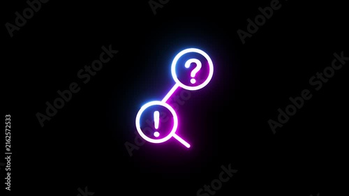 Neon illuminated exclamation and question marks connected by line on dark background loop