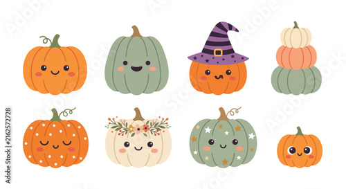 Cute cartoon pumpkin set with happy faces for autumn and halloween holiday design elements Vector