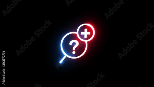 Neon illuminated magnifying glass icon with question mark and plus sign on black background