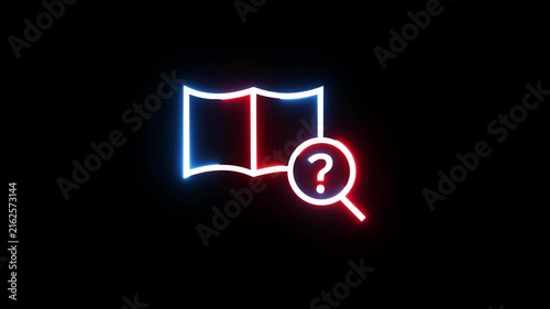Neon book icon with magnifying glass animation glowing against dark background video loop