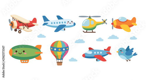 Set of cute cartoon airplanes and flying vehicles for children with clouds and a bird Vector