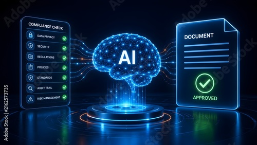 Obraz na płótnie Glowing digital artificial intelligence brain processing a compliance check interface and approving a secure document