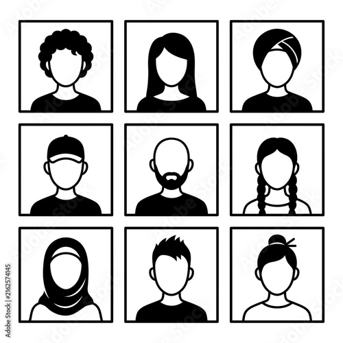 Set of diverse people portraits displayed as a collection of simple black and white graphic silhouette