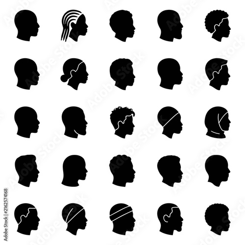 Collection of diverse human head profile icons featuring a minimalist and clean black and white silhouette