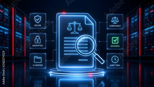 Glowing digital compliance document with magnifying glass and security audit labels inside a data server room
