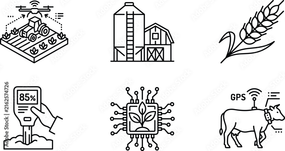Fototapeta premium Smart Agriculture and Agritech Line Icon Set with Drone Farming, Barn Silo, Soil Testing, and GPS Cattle Tracking for Innovative Agriculture Innovations