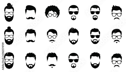 Collection of various male hairstyles and facial hair designs presented in a modern flat black silhouette