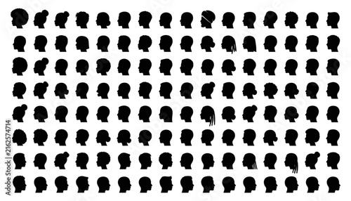 Collection of diverse human head profile icons featuring a minimalist and clean black flat design silhouette