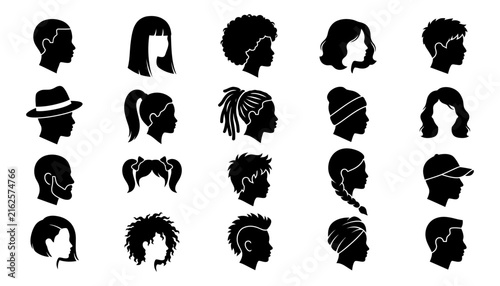 Collection of diverse human head profile icons featuring various hairstyles and accessories in a flat silhouette