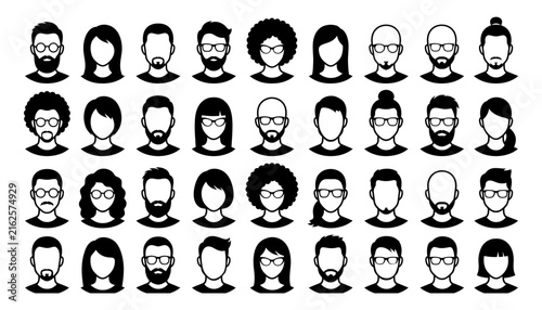 Set of diverse people head avatars featuring various hairstyles and glasses in a minimalist black silhouette
