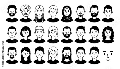 Diverse collection of various human face avatars featuring a distinct and modern minimalist black white silhouette