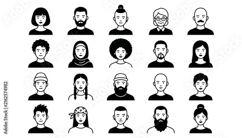Set of diverse human avatars featuring various hairstyles and expressions in a clean minimalist black silhouette