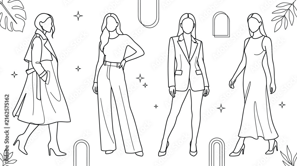 Fototapeta premium Women Fashion Apparel Icon Set Featuring Trench Coat Wide Leg Trousers Blazer Suit Elegant Dress and Boho Leaf Elements Line Art Vectors