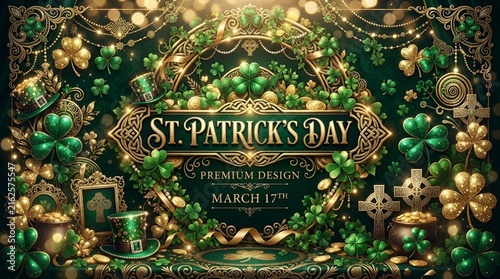 Premium St Patrick's Day Green Shamrock Background with Gold Ornament
