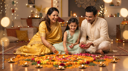 Indian family consisting of a mother father and daughter creating a beautiful traditional flower rangoli pattern on the floor while celebrating the festive diwali holiday