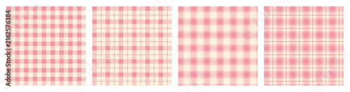 Vichy Background Set In Pink And White. Gingham Seamless Pattern. Tartan Plaid Wallpaper.